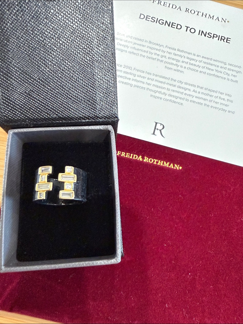 Freida Rothman Black and Gold Statement Ring